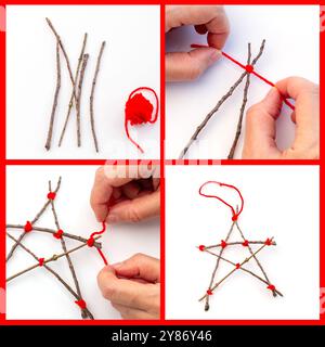 Tutoriel étape par étape sur la fabrication d'un ornement en forme d'étoile à partir de bâtons et de fil rouge. Collage bricolage artisanal avec des matériaux et des mains nouant des nœuds. Concept de décoration de Noël Banque D'Images