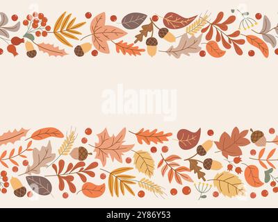 Bordure sans couture d'automne des feuilles, glands et baies qui tombent. Modèle horizontal avec espace de copie pour brochure, publicité, vente, flyer et autre Illustration de Vecteur