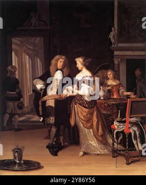 NEER, Eglon van der (né en 1634, Amsterdam, mort en 1703, Düsseldorf) couple élégant dans un intérieur 1678 huile sur toile, 85,5 x 70,1 cm Wadsworth Atheneum, Hartford Eglon van der Neer a consacré beaucoup d'attention aux moindres détails de ses peintures de genre - du premier plan au point le plus éloigné en arrière-plan - bien que cela n'ait pas toujours servi à amplifier l'effet naturel de ces scènes. Le rendu très précis et précis des différents matériaux donne parfois à ses peintures une sensation fraîche et lointaine. Néanmoins, Van der Neer a connu un grand succès : l'opulent interio Banque D'Images