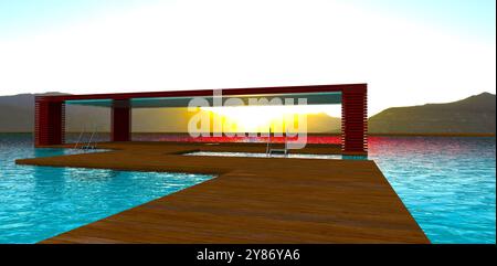 Un patio en bois vide contre un coucher de soleil de montagne dans une section clôturée d'un lac clair. Une passerelle piétonne au-dessus de l'eau. Rendu 3D. Banque D'Images