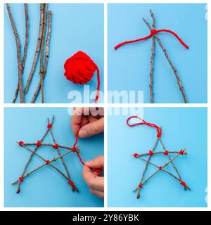 Tutoriel étape par étape sur la fabrication d'ornements en forme d'étoile à partir de bâtons et de fil rouge. Collage bricolage artisanal avec des matériaux et des mains nouant des nœuds. Concept de décoration de Noël. Banque D'Images