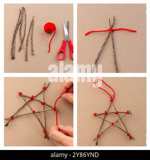 Tutoriel étape par étape sur la fabrication d'un ornement en forme d'étoile à partir de bâtons et de fil rouge. Collage bricolage artisanal avec des matériaux et des mains nouant des nœuds. Concept de décoration de Noël Banque D'Images