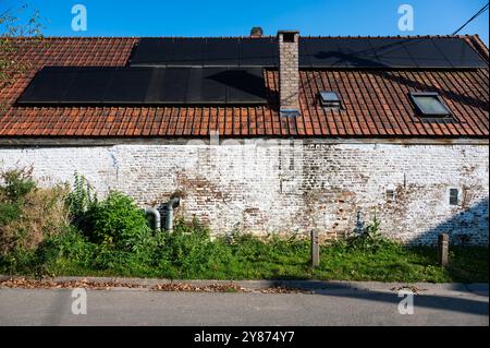 Façade en brique et portail en bois d'une ferme à Dion-le-Val, Brabant Wallon, Belgique, 22 septembre 2024 Banque D'Images