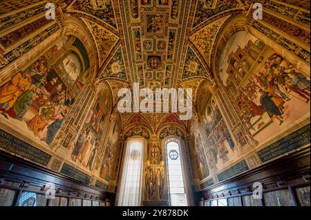 Sienne, Italie - août 9,2023 : une vue détaillée de la bibliothèque Piccolomini à l'intérieur de la cathédrale de Sienne, avec des fresques de la Renaissance et une cei ornée de superbes ornements Banque D'Images