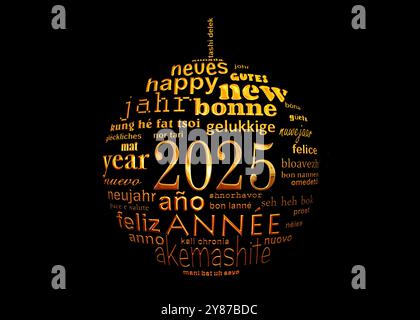 carte de voeux nuage de mots de texte multilingue du nouvel an 2025 sous la forme d'une boule de noël isoated sur fond noir Banque D'Images