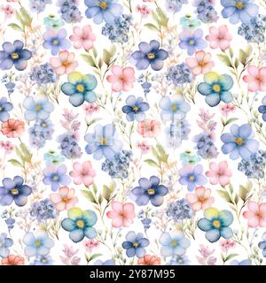 Un motif aquarelle délicat sans couture avec de jolies fleurs bleues douces, roses et pastel avec des feuilles, créant un design léger, aéré et frais idéal f Banque D'Images