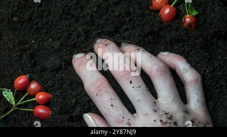 Une main sur le sol, un sol sain et fertile, rosa canina, fruit de rose de chien, récolte, jardinage, rosehip, journée mondiale du sol Banque D'Images