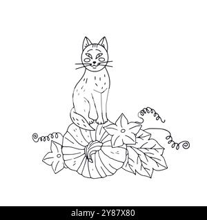 Carte de voeux monochrome de Thanksgiving avec chat mignon et citrouille Illustration de Vecteur