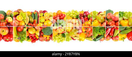 Légumes, fruits et baies séparés par des lignes verticales isolées sur fond blanc. Banque D'Images