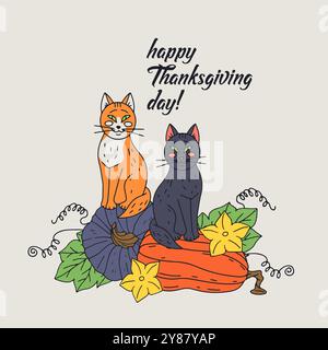 Carte de voeux de Thanksgiving avec chat mignon et citrouille. Texte joyeux jour de Thanksgiving Illustration de Vecteur