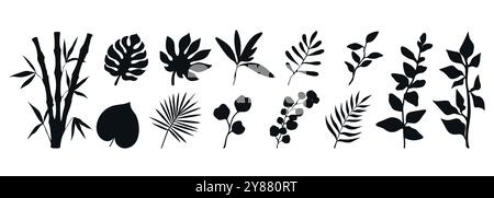 Ensemble de diverses silhouettes de plantes. Branches, feuilles et éléments botaniques isolés sur fond blanc. Illustration vectorielle Illustration de Vecteur