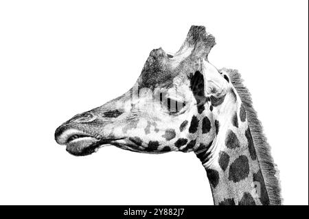 Giraffa camelopardalis rothschildi aka Rothschild's Giraffe. Portrait de tête en gros plan noir et blanc isolé sur fond blanc. Banque D'Images