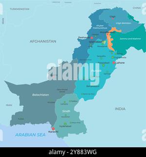 Carte du Pakistan carte complète avec tous les noms de villes et de provinces, frontières du Pakistan Illustration de Vecteur