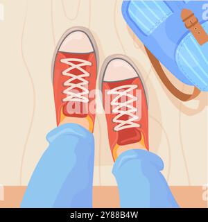 Baskets décontractées et jeans top selfie. Vue des jambes sur fond blanc Illustration de Vecteur
