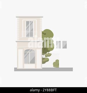 Maison de deux étages avec un arbre en illustration vectorielle plate symbolisant l'architecture résidentielle urbaine et l'aménagement paysager, isolé sur fond blanc. Illustration de Vecteur