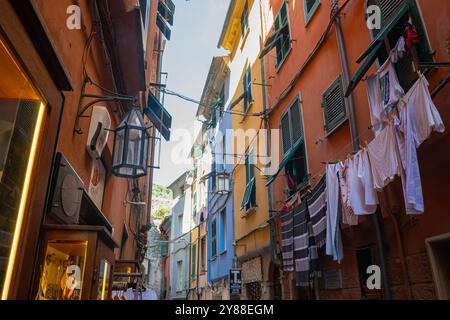 Vue italienne classique du séchage du linge dans une rue étroite de la ville. Portovenere, Italie. Banque D'Images