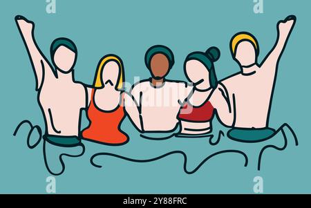 Un groupe de personnes est dans une piscine, avec une personne portant une chemise rouge. Concept de camaraderie et de plaisir, comme le groupe d'amis profite de leur temps Illustration de Vecteur