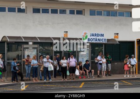 Les gens attendent à un arrêt de bus pour le bus pour Jardim Botânico, Funchal. Banque D'Images