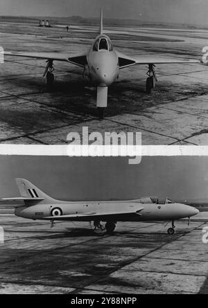 New British Superjet Interceptor Fighter -- deux vues du nouveau chasseur Hawker. En production quantitative pour la Royal Air Force. Les premiers détails du chasseur intercepteur superjet Hawker P I067 top secret ont été publiés récemment dans une déclaration de Sir Frank Spencer Springs du Hawker Siddeley Grout, qu'il s'agit du meilleur avion de combat volant dans le monde aujourd'hui. Le P I067, a terminé avec succès son premier vol à la station expérimentale du Ministère de l'approvisionnement à ***** , Et a été piloté par le chef d'escadron Neville Duke, D.S.O. D.F.C. A.F.C. le 17 août 1951. (Photo Banque D'Images