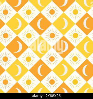 Mignonne lune et soleil sur les formes de diamant motif sans couture en orange, ambre et blanc. Pour papier peint, textile et tissu Illustration de Vecteur