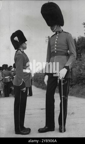 Un contraste régimentaire -- Un contraste à la parade. Le major W.E. Hancock, qui mesure 6 pieds 8 pouces de hauteur, discute avec le cadet R.C. Broughton, âgé de 16 ans, qui est membre de la bande du bataillon de cadets, Royal Fusiliers. Un défilé complet et mars-passé ont fait partie des célébrations de l'Albuhera Day des Royal Fusiliers, qui ont eu lieu dans leur centre de formation et dépôt à Hounslow, Londres. Le défilé fait partie des célébrations annuelles commémorant Albuhera, l'un des célèbres honneurs de bataille du régiment. Royal Fusiliers. Petit et grand des Royal Fusiliers pendant les célébrations de la Journée d'Albuhera Hel Banque D'Images