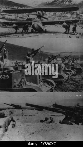 Les défenses britanniques de l'Islande -- elles font partie de l'establishment militaire britannique en Islande signalé aujourd'hui depuis Berlin comme étant sous attaque aérienne allemande. Top, un hydravion Walrus dans un port islandais. Centre, troupes canadiennes homme mitrailleuses antiaériennes montées sur ***** transporteurs. Fond, artillerie anti-aérienne côtière. 10 février 1941. (Photo de AP Wirephoto). Banque D'Images