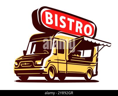 Conception de logo de camion de nourriture, illustration vectorielle. Restaurant Bistro ou café, emblème du service de rue rapide Illustration de Vecteur