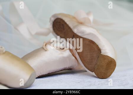 Chaussures de ballet, chaussures de pointe, chaussures de danse recouvertes de satin en couleur rose clair, semelle en cuir, nature morte, studio, Allemagne, Europe Banque D'Images