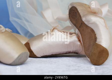 Chaussures de ballet, chaussures de pointe, chaussures de danse recouvertes de satin de couleur rose clair, semelle en cuir, tulle, nature morte, studio, Allemagne, Europe Banque D'Images