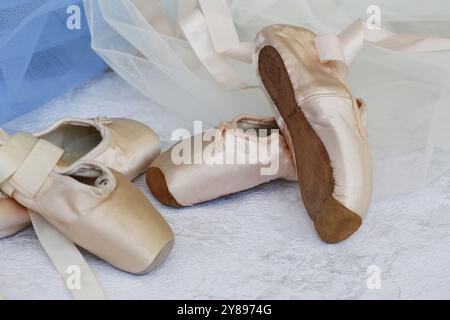 Chaussures de ballet, deux paires de chaussures pointe, chaussures de danse recouvertes de satin de couleur rose clair, semelle en cuir, tulle, nature morte, studio, Allemagne, Europe Banque D'Images