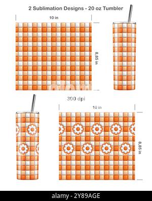 Ensemble de 2 motifs gonflés à carreaux de Buffalo Puffy. Modèle de sublimation sans couture pour 20 oz Skinny Tumbler. Sans couture d'un bord à l'autre. Emballage pour gobelet complet. Banque D'Images