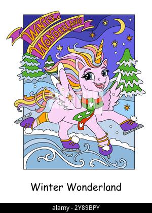 Licorne de patinage de rêve mignonne de Noël. Lettrage hivernal Wonderland. Illustration vectorielle de dessin animé. Concept du nouvel an. Pour illustration de livre, autocollants, Illustration de Vecteur
