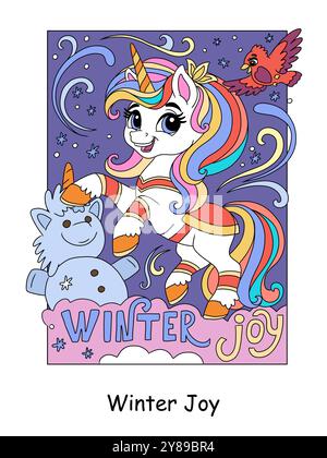 Enfants de Noël coloriant avec licorne mignonne faisant un bonhomme de neige. Lettrage de joie hivernale. Concept du nouvel an. Pour illustration de livre, autocollants, impression, jeu, post Illustration de Vecteur