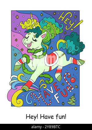 Noël mignonne licorne joyeuse. Hé amusez-vous à lettrer. Illustration colorée de dessin animé vectoriel. Concept du nouvel an. Pour illustration de livre, autocollants, impression, Illustration de Vecteur