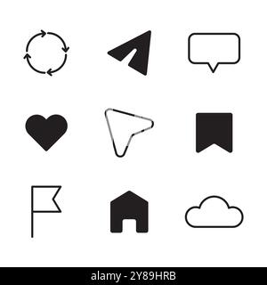 Jeu d'icônes de médias sociaux. Symboles de communication de base. Formes noires minimalistes. Collection graphique vectorielle. Illustration de Vecteur