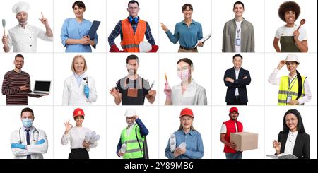 Personnes de différentes professions sur fond blanc, collage Banque D'Images