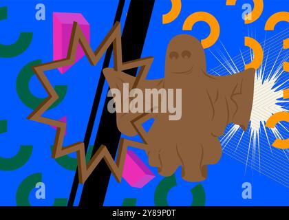 Fantôme avec fond de thème rétro graphique géométrique. Éléments géométriques minimaux. Formes abstraites vintage, illustration vectorielle d'Halloween. Illustration de Vecteur