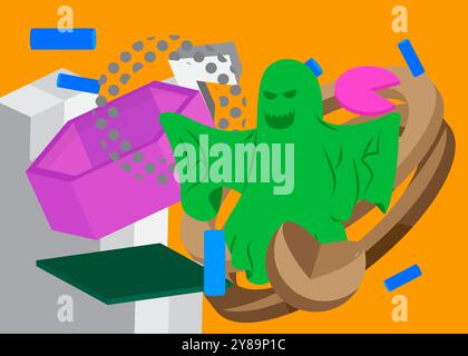 Fantôme avec fond de thème rétro graphique géométrique. Éléments géométriques minimaux. Formes abstraites vintage, illustration vectorielle d'Halloween. Illustration de Vecteur