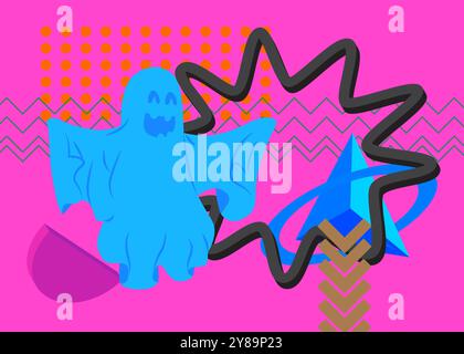 Fantôme avec fond de thème rétro graphique géométrique. Éléments géométriques minimaux. Formes abstraites vintage, illustration vectorielle d'Halloween. Illustration de Vecteur