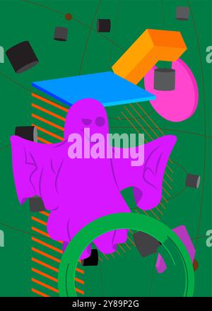 Fantôme avec fond de thème rétro graphique géométrique. Éléments géométriques minimaux. Formes abstraites vintage, illustration vectorielle d'Halloween. Illustration de Vecteur