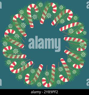 Canne de bonbons rayée, brindilles d'épicéa et flocons de neige sur fond émeraude foncé cadre de cercle Copier l'espace. Illustration vectorielle isolée cartes thématiques, affiches, dépliants, étiquette, étiquette de prix, étiquette ou promo web Illustration de Vecteur