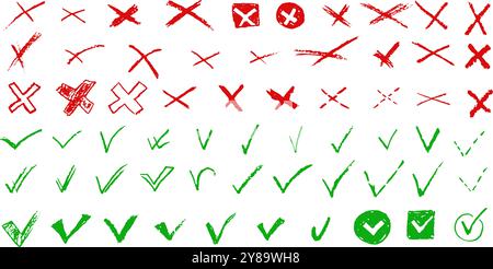 Ensemble de coches et de croix pour liste de tâches ou vote. Eléments vectoriels pour répondre par oui ou non aux questions de test. Crayon fusain rouge et vert correct ou Illustration de Vecteur
