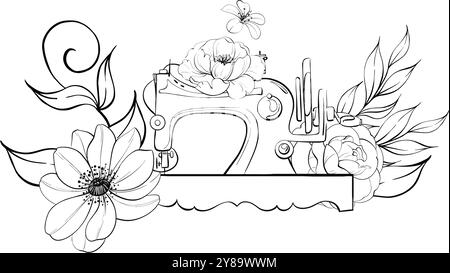 Compositions de machines à coudre vintage, arrangement avec des fleurs. Compositions de machines à coudre vintage, arrangement. Artisanat dans un style rétro. Vintage vieux Illustration de Vecteur