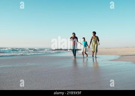 Joyeux garçon afro-américain tenant père et mère les mains et courant dans la mer contre le ciel Banque D'Images