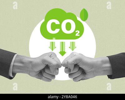 Fist bump collision accord de deux hommes d'affaires, la réduction de l'empreinte carbone, la diminution des émissions de CO2, la responsabilité sociale, le collage artistique Banque D'Images