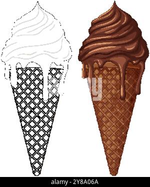 Deux cônes de crème glacée, l'un coloré, l'autre délimité Illustration de Vecteur