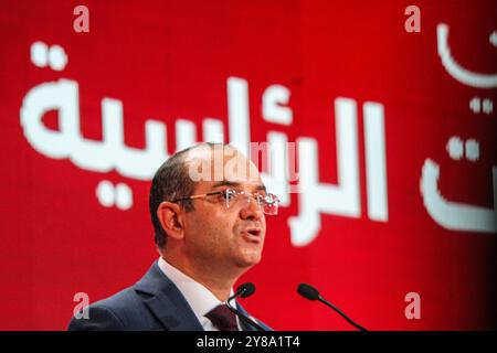 Tunis, Tunisie. 3 octobre 2024. Tunis, Tunisie. 03 octobre 2024. Le Président de la haute Commission électorale indépendante (ISIE) tunisienne, Farouk Bouasker, intervient lors de la cérémonie d’ouverture du Centre des médias. Le Centre des médias accueillera des journalistes internationaux couvrant l'élection présidentielle tunisienne le 6 octobre 2024 (crédit image : © Hasan mrad/IMAGESLIVE via ZUMA Press Wire) USAGE ÉDITORIAL EXCLUSIF ! Non destiné à UN USAGE commercial ! Banque D'Images