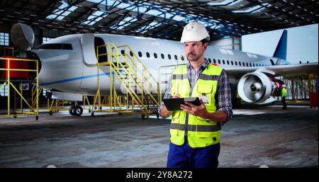 Technicien aéronautique effectuant une vérification de sécurité à l'aide d'une tablette Banque D'Images