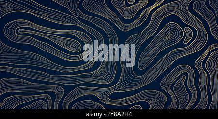 Motif de carte topographique de ligne vectorielle, ligne d'or sur texture de contour sombre, fond géographique de vague, illustration organique de bois Illustration de Vecteur