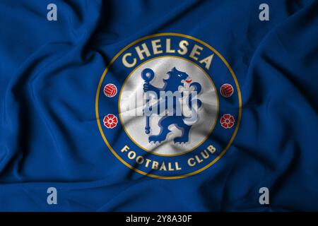 Pringsewu, Lampung ; 5 octobre 2024 ; fond de texture du logo du drapeau de mise au point sélective du club de football de Chelsea , illustration 3D. Banque D'Images